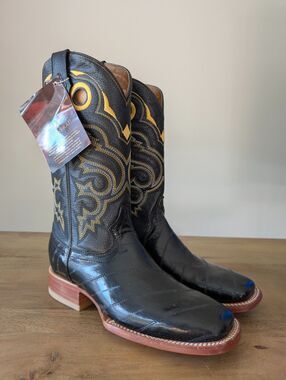 El General Western Boots Mens Size 7.5 Black Genuine Leather Exotic Square Toe